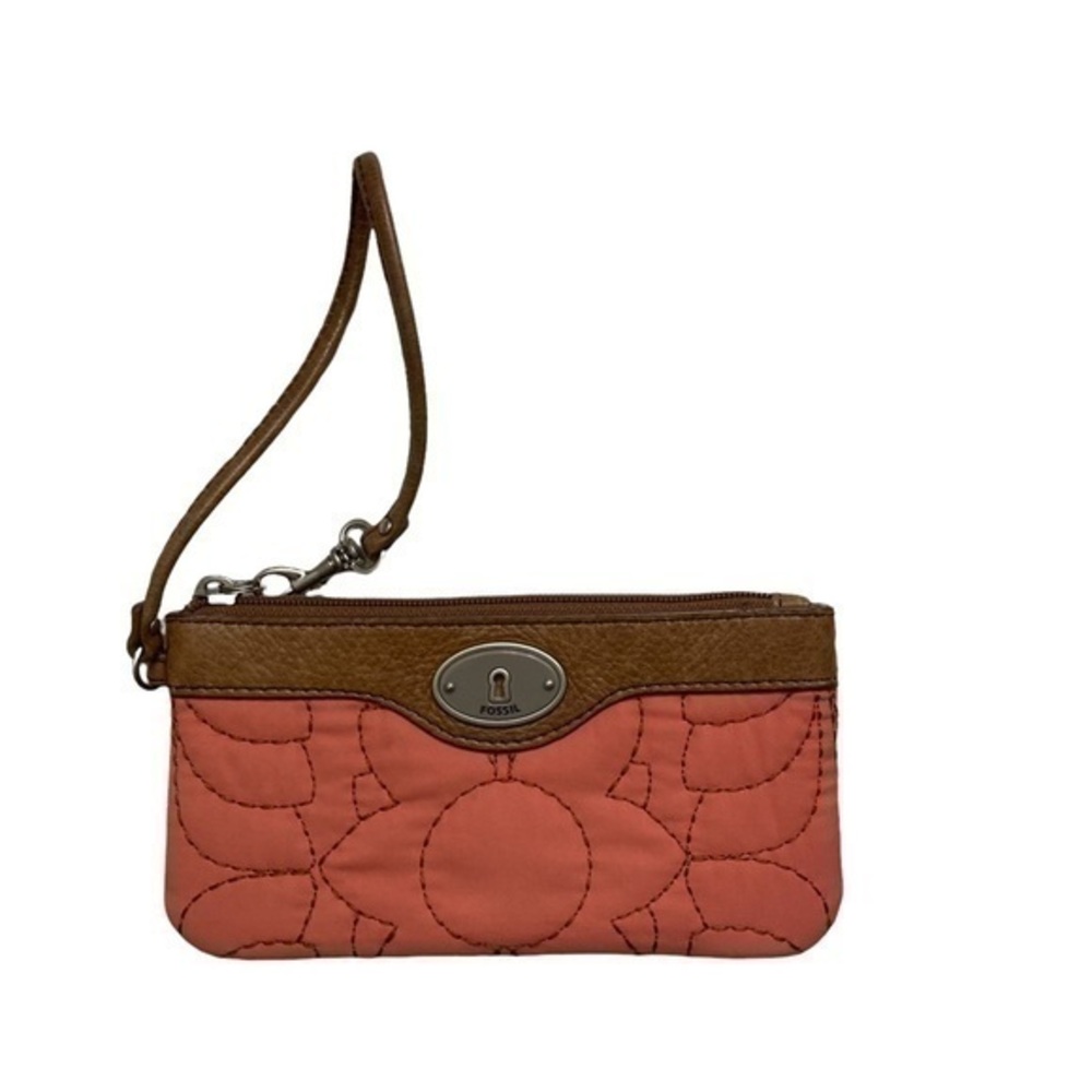 Fossil pink and brown quilted nylon leather combo key per wristlet bag